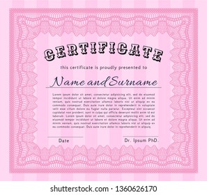 Pink Certificate of achievement template. With background. Modern design. Detailed. 