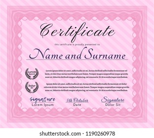 Pink Certificate of achievement template. Beauty design. Customizable, Easy to edit and change colors. With linear background. 