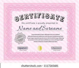 Pink Certificate of achievement template. With complex linear background. Customizable, Easy to edit and change colors. Money Pattern. 