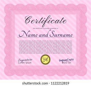 Pink Certificate of achievement template. With complex linear background. Retro design. Vector illustration. 