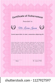 Pink Certificate of achievement template. With complex background. Vector illustration. Retro design. 