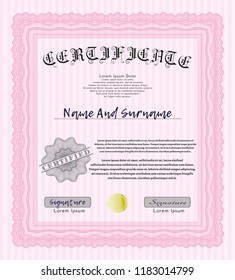 Pink Certificate of achievement template. With complex background. Detailed. Excellent design. 
