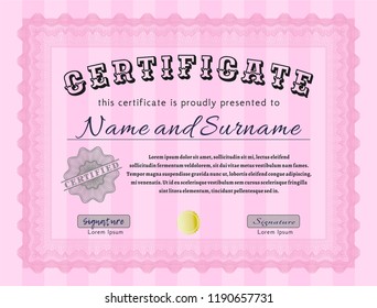 Pink Certificate of achievement template. Complex background. Lovely design. Customizable, Easy to edit and change colors. 