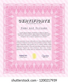 Pink Certificate of achievement template. Complex background. Money style design. Customizable, Easy to edit and change colors. 