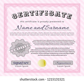 Pink Certificate of achievement template. With complex background. Money design. Detailed. 