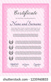 Pink Certificate of achievement template. Complex background. Money Pattern design. Vector illustration. 