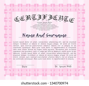 Pink Certificate of achievement template. Complex background. Customizable, Easy to edit and change colors. Money design. 