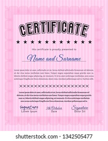 Pink Certificate of achievement template. With complex background. Detailed. Cordial design. 