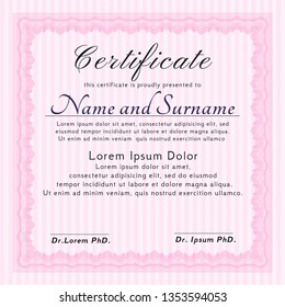 Pink Certificate of achievement template. With complex linear background. Sophisticated design. Customizable, Easy to edit and change colors. 