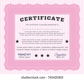 Pink Certificate of achievement template. Cordial design. Vector illustration. With great quality guilloche pattern. 