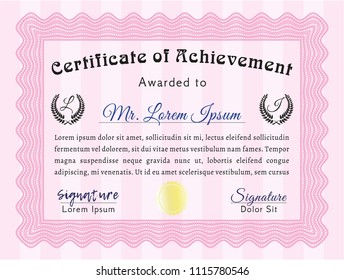 Pink Certificate of achievement template. Customizable, Easy to edit and change colors. With quality background. Money design. 