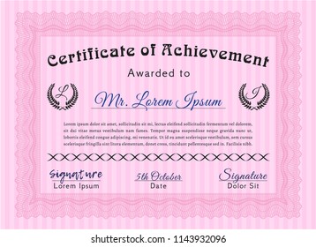 Pink Certificate of achievement template. Customizable, Easy to edit and change colors. With guilloche pattern and background. Artistry design. 