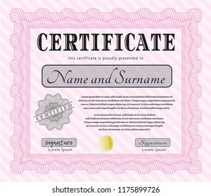 Pink Certificate of achievement template. Customizable, Easy to edit and change colors. With background. Money style design. 