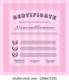 Pink Certificate of achievement template. Customizable, Easy to edit and change colors. With guilloche pattern. Modern design. 