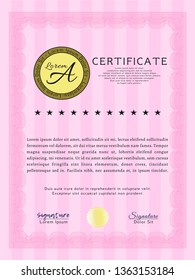 Pink Certificate of achievement template. Customizable, Easy to edit and change colors. Complex background. Money Pattern design. 
