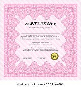 Pink Certificate of achievement template. Detailed. With guilloche pattern. Cordial design. 