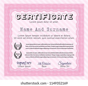 Pink Certificate of achievement template. Detailed. With complex background. Money style design. 