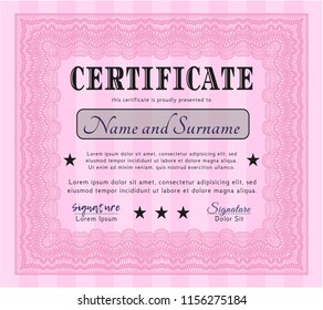Pink Certificate of achievement template. Detailed. With guilloche pattern and background. Beauty design. 