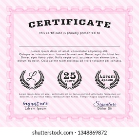 Pink Certificate of achievement template. Detailed. Complex background. Excellent design. 