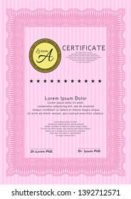 Pink Certificate of achievement template. Detailed. With guilloche pattern and background. Sophisticated design. 