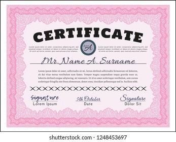 Pink Certificate of achievement template. Easy to print. Vector illustration. Money Pattern. 