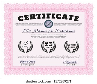 Pink Certificate of achievement template. Elegant design. Detailed. With complex background. 