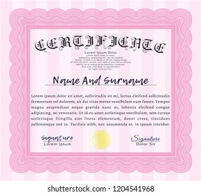 Pink Certificate of achievement template. Elegant design. Customizable, Easy to edit and change colors. With guilloche pattern. 
