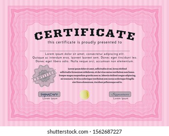 Pink Certificate of achievement template. Elegant design. With background. Vector illustration. 