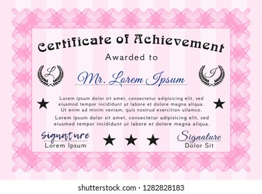 Pink Certificate of achievement template. Good design. With background. Vector illustration. 