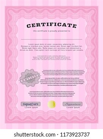 Pink Certificate of achievement template. With great quality guilloche pattern. Retro design. Detailed. 