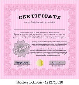 Pink Certificate of achievement template. With guilloche pattern. Vector illustration. Lovely design. 