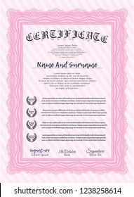 Pink Certificate of achievement template. With guilloche pattern. Vector illustration. Good design. 