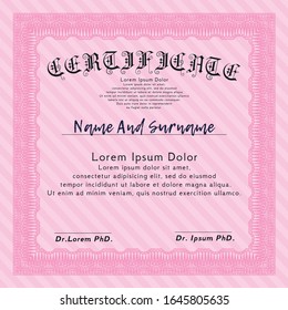 Pink Certificate of achievement template. With guilloche pattern. Cordial design. Detailed. 
