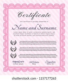 Pink Certificate of achievement template. With linear background. Vector illustration. Money Pattern. 