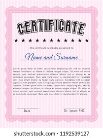 Pink Certificate of achievement template. With linear background. Vector illustration. Money Pattern. 