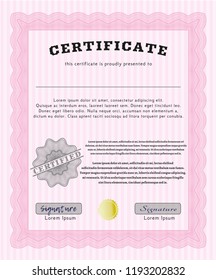 Pink Certificate of achievement template. With linear background. Customizable, Easy to edit and change colors. Money Pattern design. 