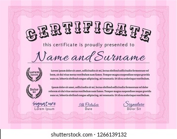 Pink Certificate of achievement template. With linear background. Lovely design. Vector illustration. 