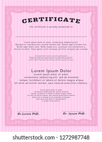 Pink Certificate of achievement template. With linear background. Good design. Detailed. 