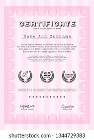 Pink Certificate of achievement template. With linear background. Vector illustration. Money Pattern design. 