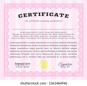 Pink Certificate of achievement template. With linear background. Nice design. Detailed. 