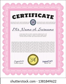 Pink Certificate of achievement template. Lovely design. Detailed. With linear background. 