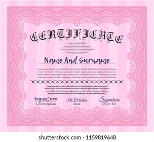 Pink Certificate of achievement template. Modern design. With guilloche pattern. Customizable, Easy to edit and change colors. 