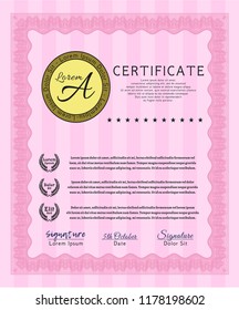 Pink Certificate of achievement template. Modern design. Vector illustration. Complex background. 