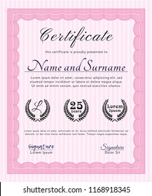 Pink Certificate of achievement template. Money design. With background. Detailed. 