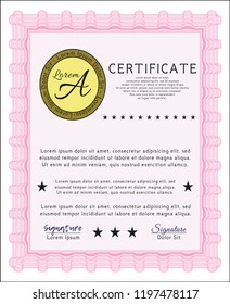 Pink Certificate of achievement template. Money style design. Vector illustration. With linear background. 