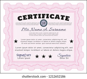 Pink Certificate of achievement template. Money Pattern. Easy to print. Detailed. 
