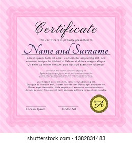 Pink Certificate of achievement template. Money Pattern. Detailed. Complex background. 