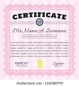 Pink Certificate of achievement template. Perfect design. Detailed. With complex linear background. 