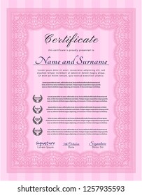 Pink Certificate of achievement template. Perfect design. Vector illustration. With guilloche pattern and background. 