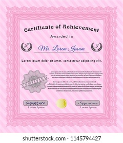 Pink Certificate of achievement template. Printer friendly. Customizable, Easy to edit and change colors. Modern design. 